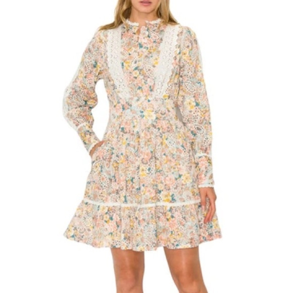 Melloday Floral Long Sleeve Eyelet Lace Dress